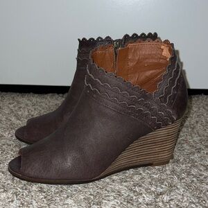 Lucky Brand Dark Brown Peep-Toe Wedge Booties